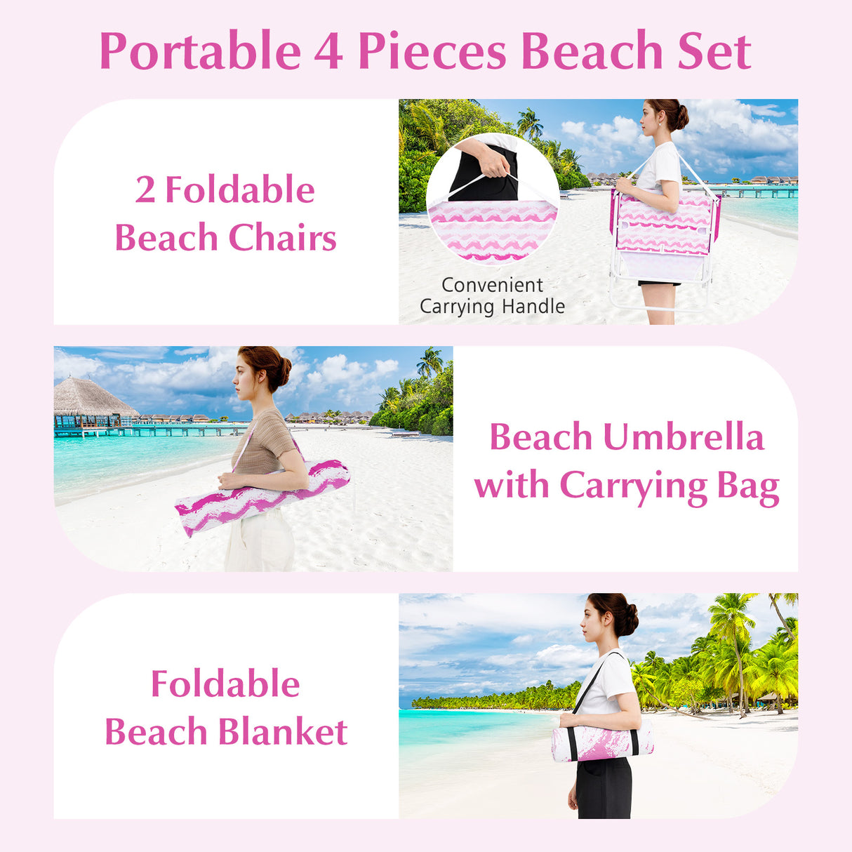 4 Pieces Beach Umbrella Set with 2 Foldable Chairs and Picnic Blanket-Pink