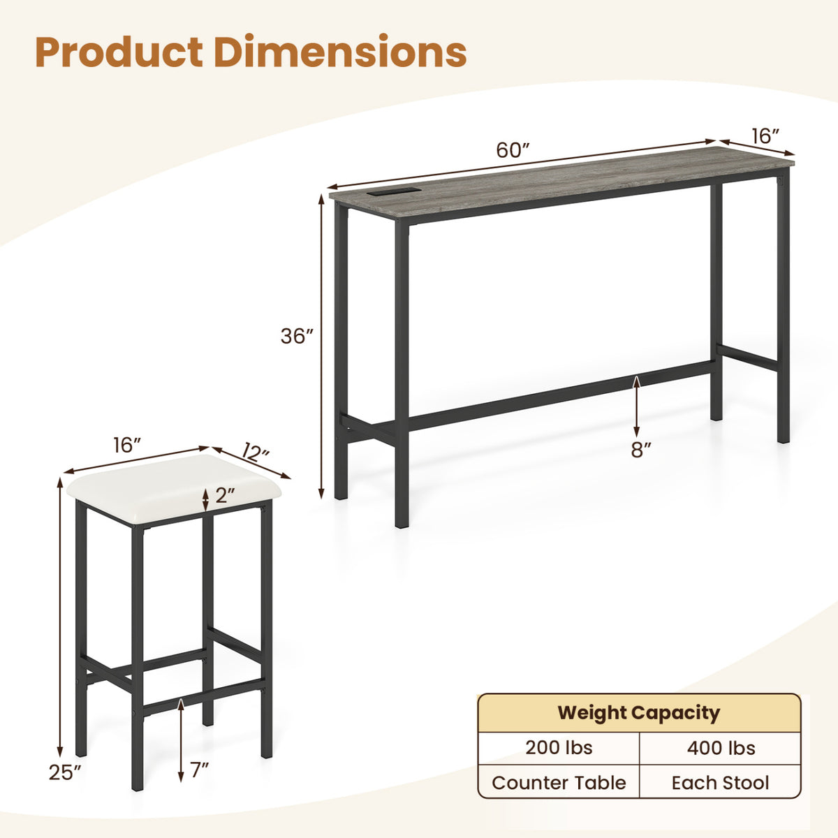 4 Pieces Counter Height Bar Table with Power Outlet with 3 Padded Stools-Gray
