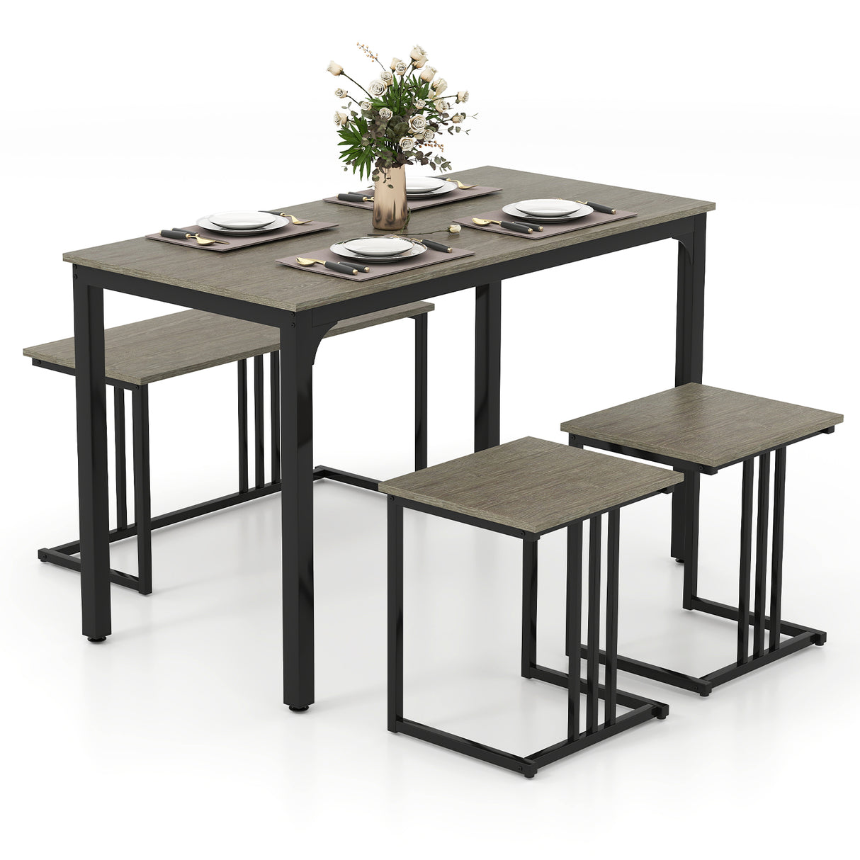 4 Pieces Space-Saving Dining Table Set with Bench and 2 Stools-Oak