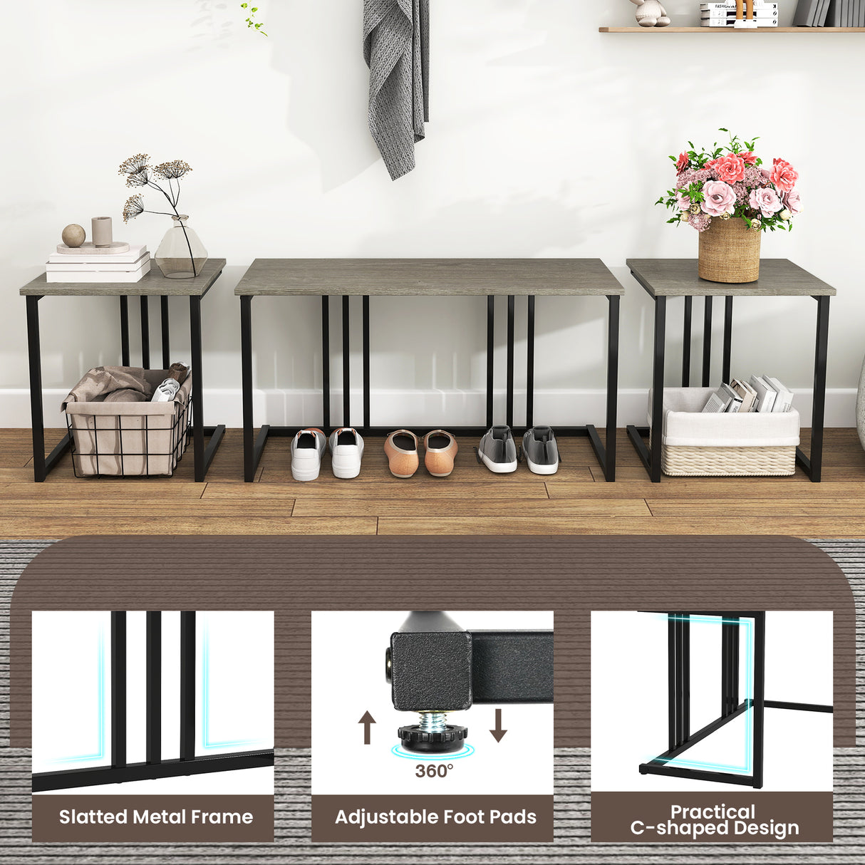 4 Pieces Space-Saving Dining Table Set with Bench and 2 Stools-Oak