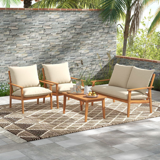 4 Pieces Outdoor Acacia Wood Conversation Set with Soft Cushions and Coffee Table-White