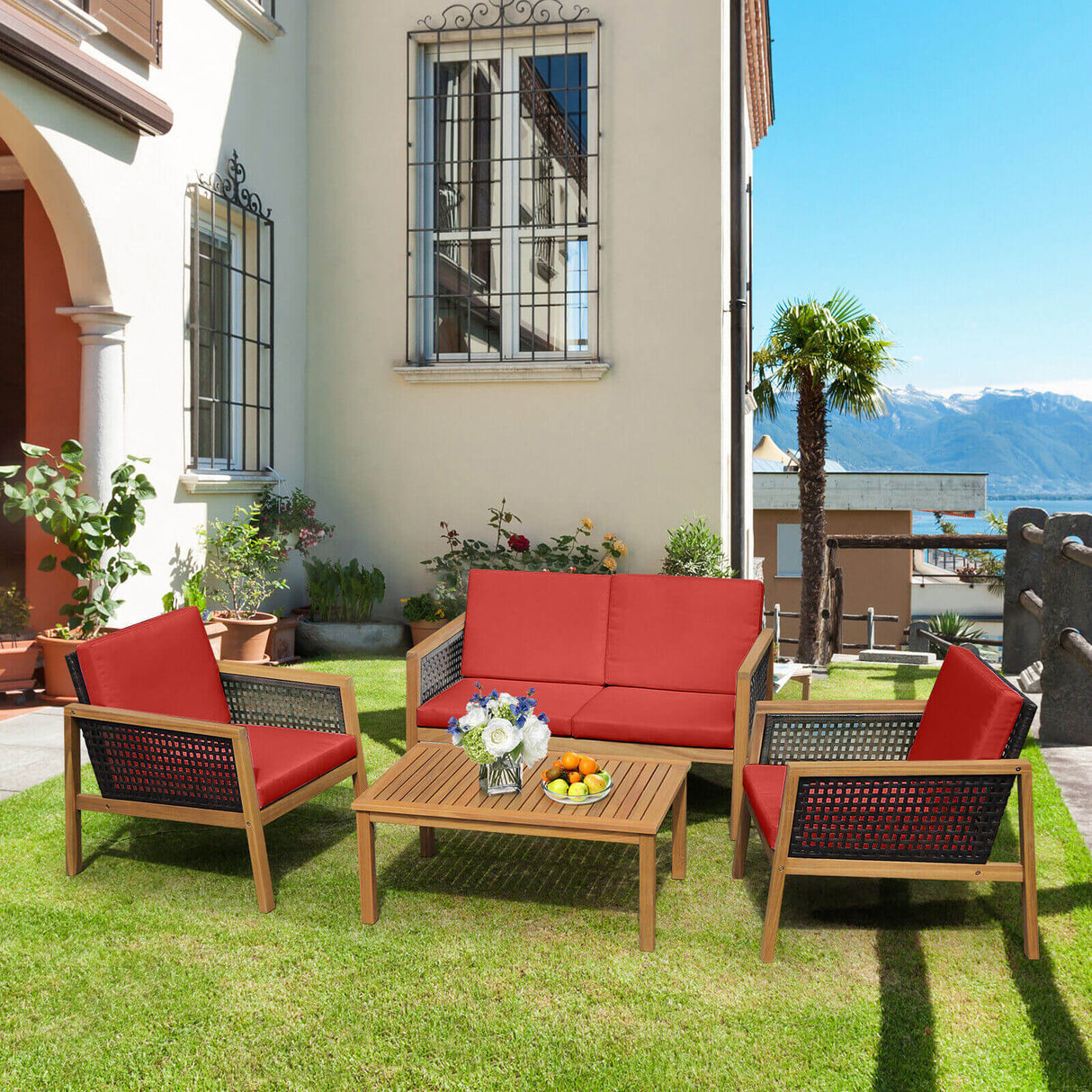 4 Pieces Patio Rattan Furniture Set with Removable Cushions-White