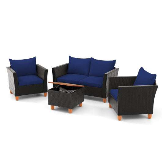 4 Pieces Outdoor Conversation Set with Storage Coffee Table-Navy