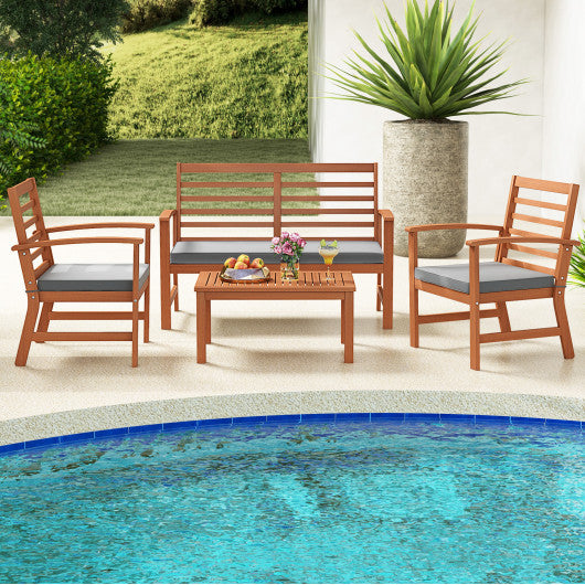 4 Pieces Outdoor Furniture Set with Stable Acacia Wood Frame-Gray