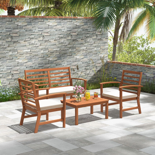 4 Pieces Outdoor Furniture Set with Stable Acacia Wood Frame-Beige