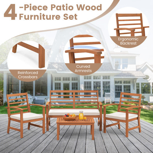 4 Pieces Outdoor Furniture Set with Stable Acacia Wood Frame-Beige