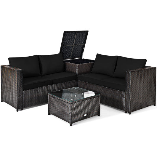 4 Pieces Outdoor Patio Rattan Furniture Set with Loveseat and Storage Box-Black
