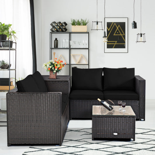 4 Pieces Outdoor Patio Rattan Furniture Set with Loveseat and Storage Box-Black