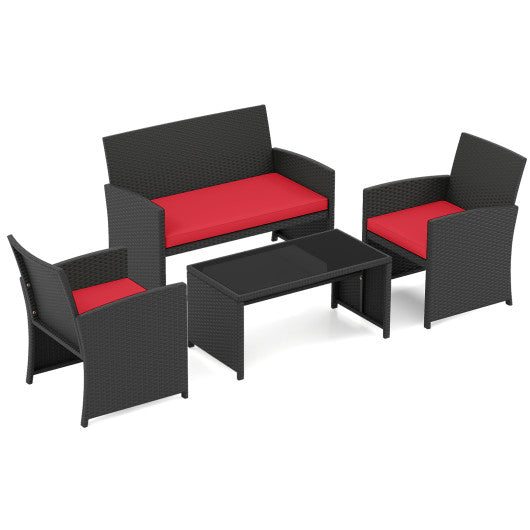 4 Pieces Patio Furniture Set with Tempered Glass Tabletop and Removable Cushion-Red