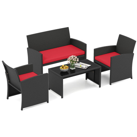 4 Pieces Patio Furniture Set with Tempered Glass Tabletop and Removable Cushion-Red