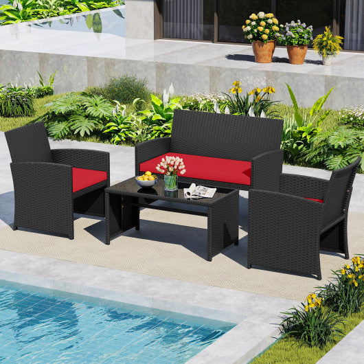 4 Pieces Patio Furniture Set with Tempered Glass Tabletop and Removable Cushion-Red