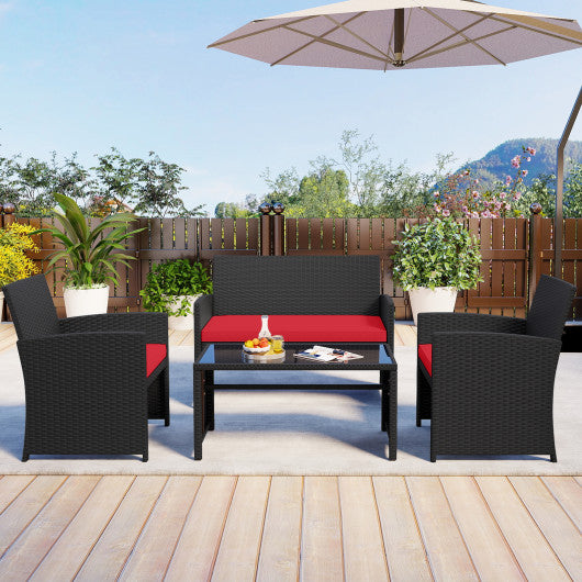 4 Pieces Patio Furniture Set with Tempered Glass Tabletop and Removable Cushion-Red