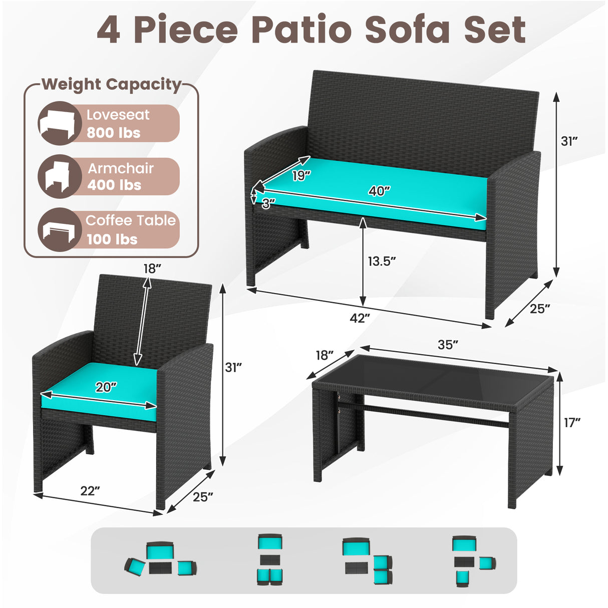 4 Pieces Patio Furniture Set with Tempered Glass Tabletop and Removable Cushion-Turquoise