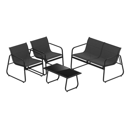 4 Pieces Patio Furniture Set Fabric Lawn Chairs and Loveseat with Glass Coffee Table