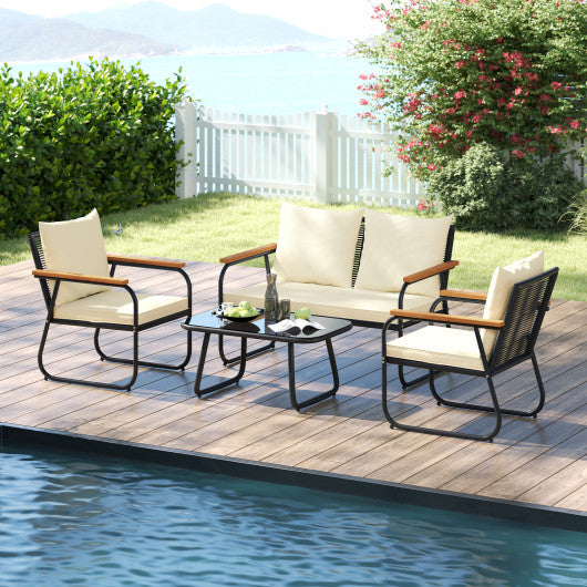 4 Pieces Patio Furniture Set with Tempered Glass Coffee Table