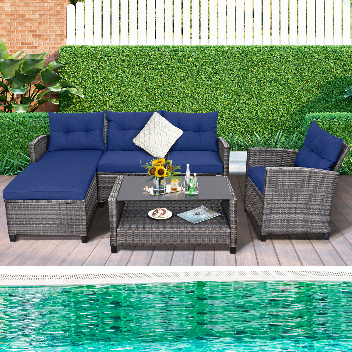 4 Pieces Patio Rattan Sofa Furniture Set with Cushion and 2-Tier Coffee Table-Navy
