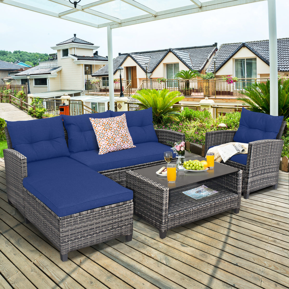 4 Pieces Patio Rattan Sofa Furniture Set with Cushion and 2-Tier Coffee Table-Navy