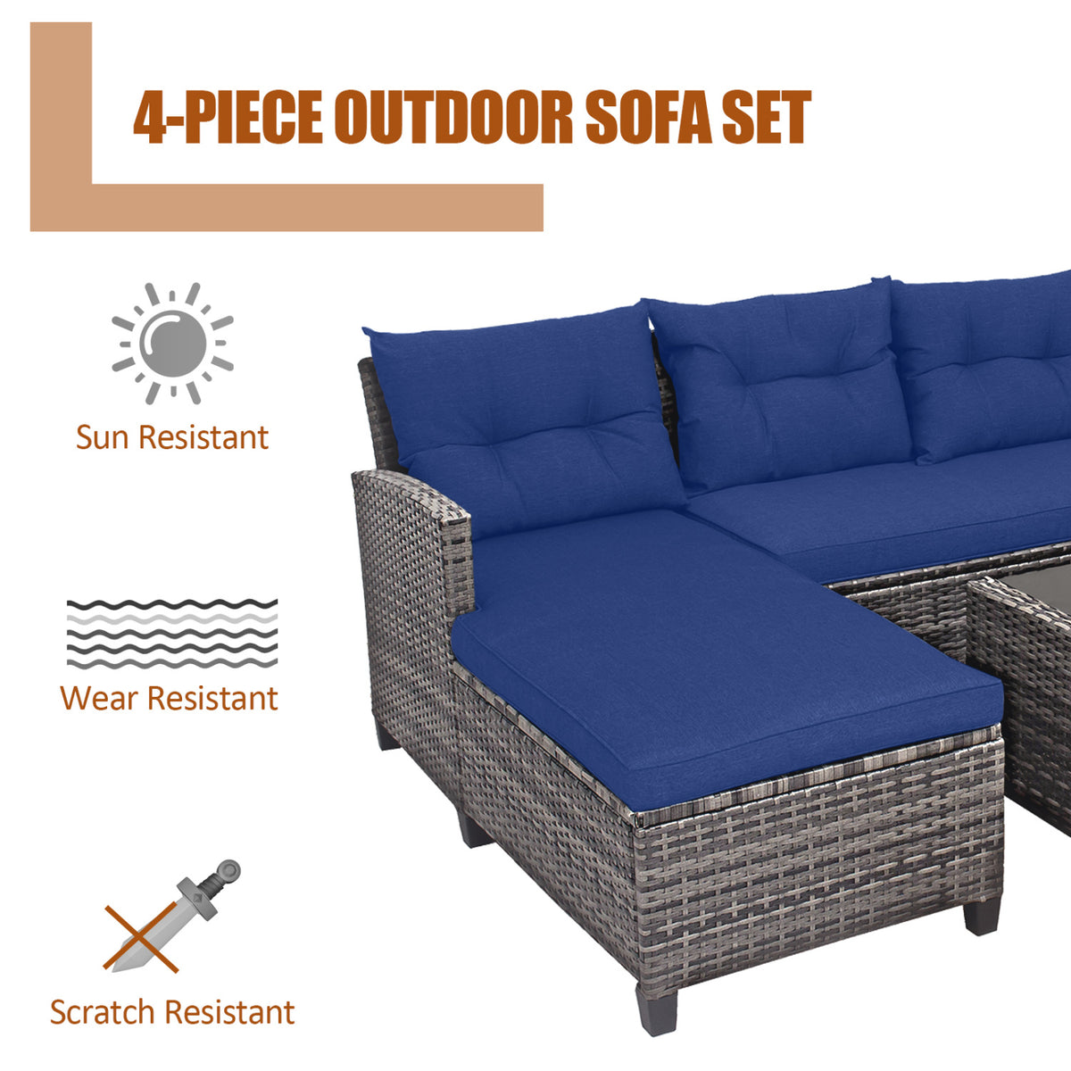 4 Pieces Patio Rattan Sofa Furniture Set with Cushion and 2-Tier Coffee Table-Navy