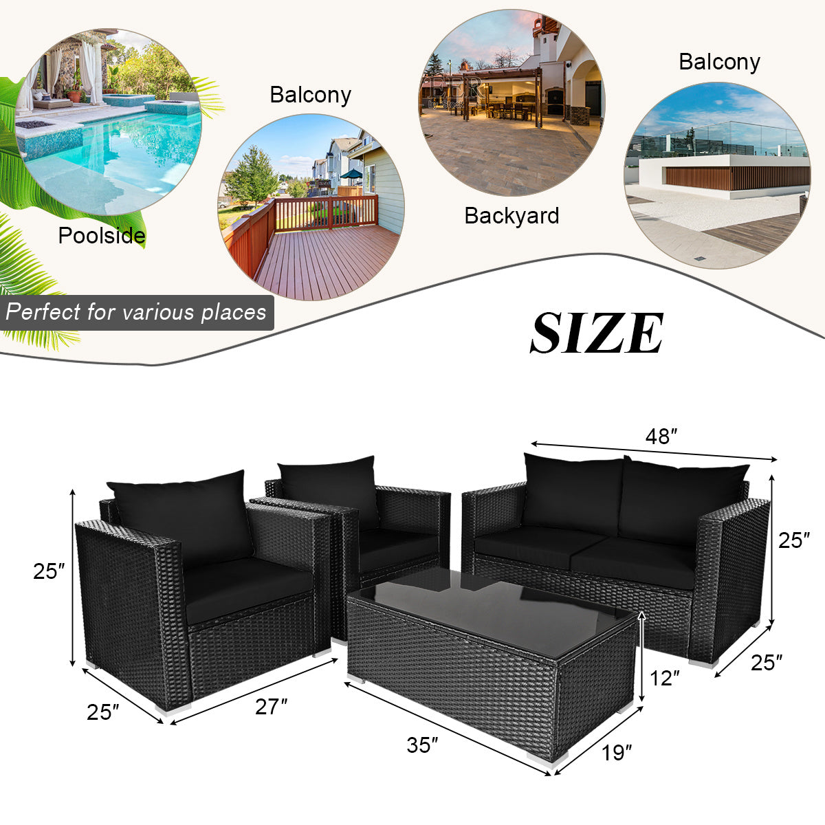 4 Pieces Patio Rattan Conversation Set with Cushions and Coffee Table-Black