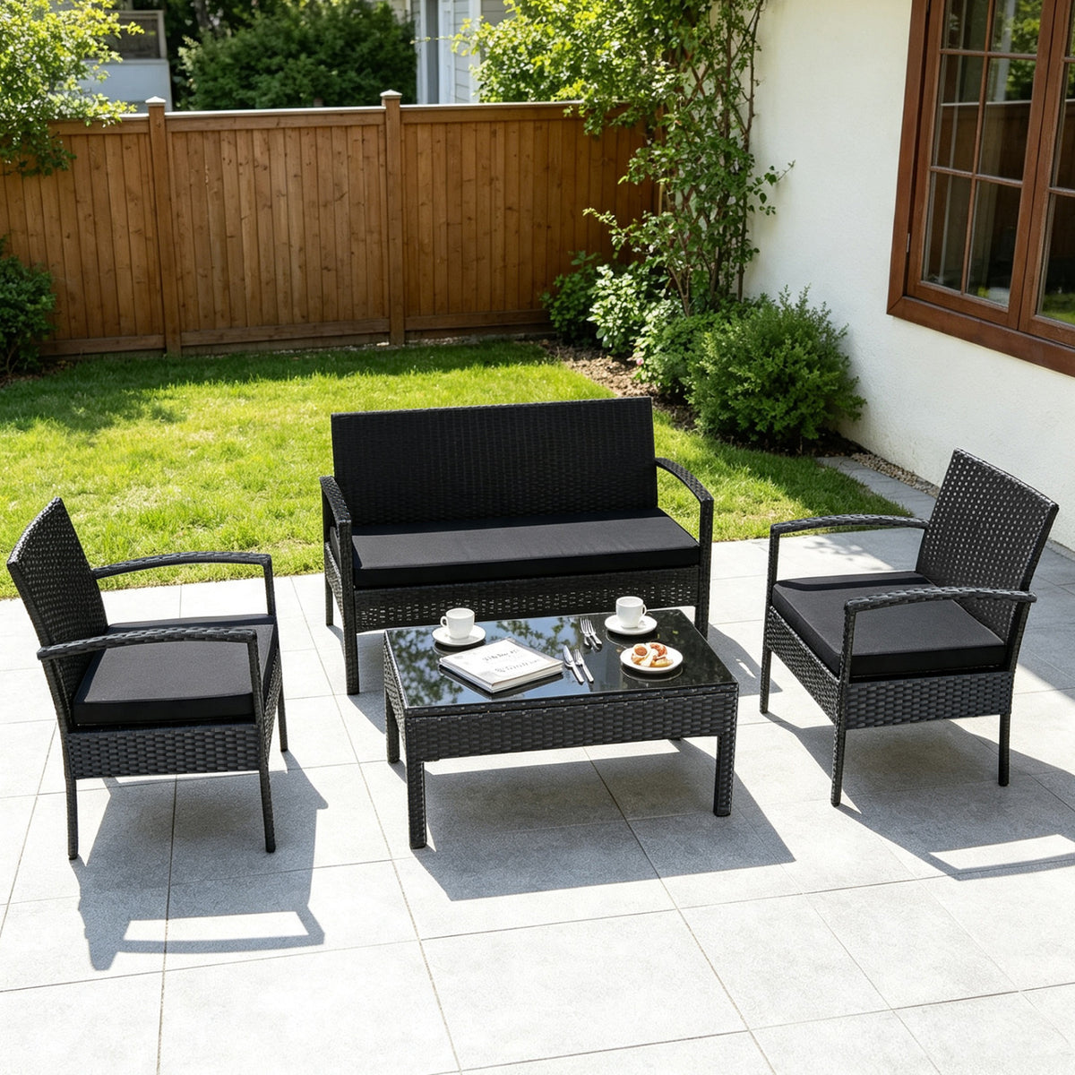 4 Pieces Patio Rattan Furniture Set with Cushion