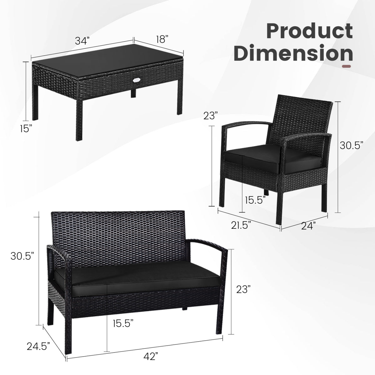 4 Pieces Patio Rattan Furniture Set with Cushion