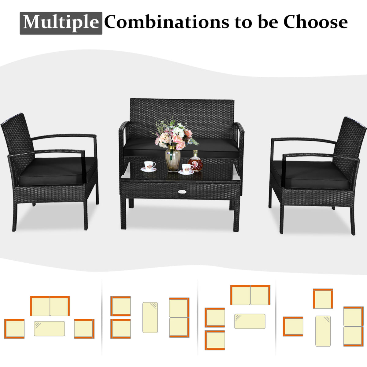 4 Pieces Patio Rattan Furniture Set with Cushion