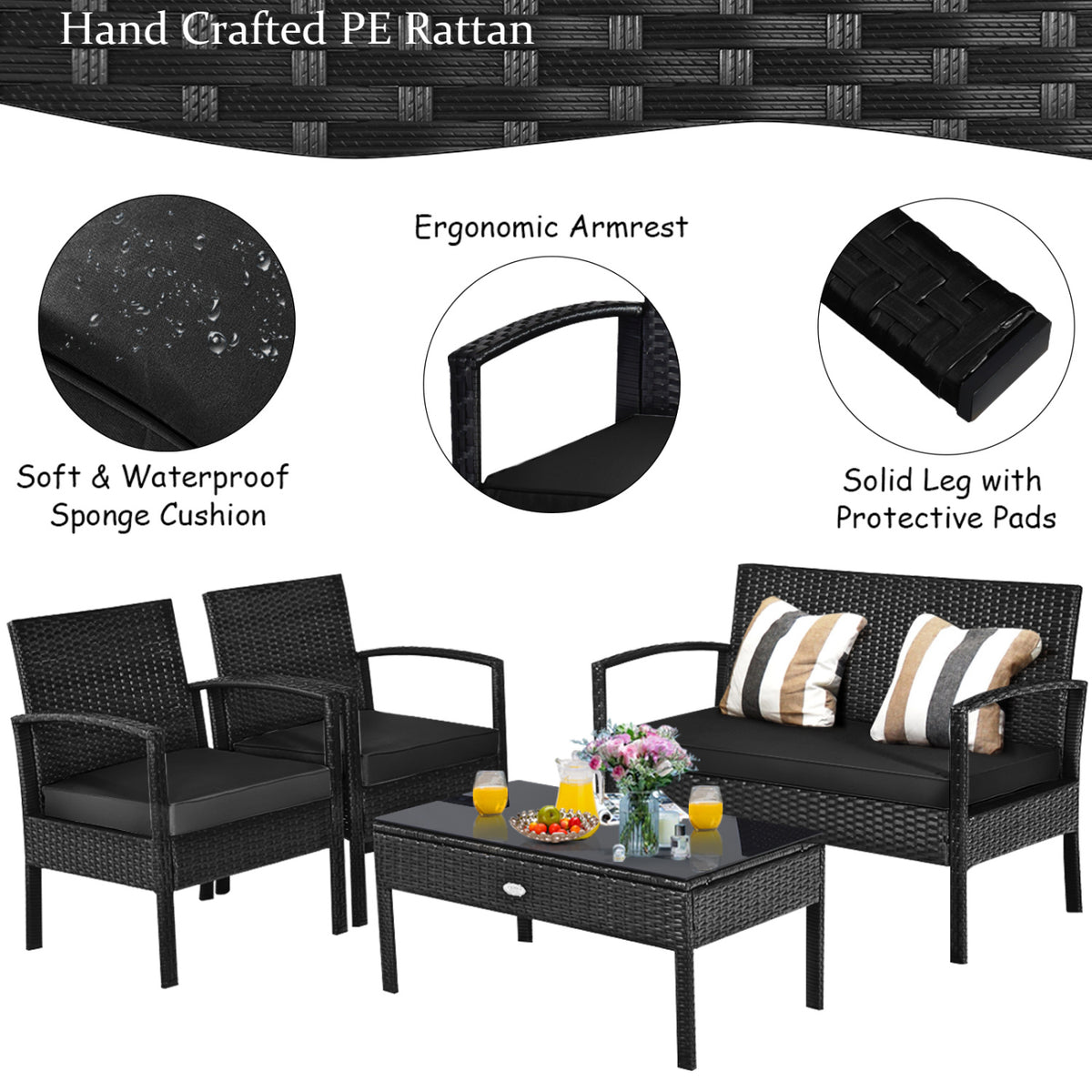 4 Pieces Patio Rattan Furniture Set with Cushion