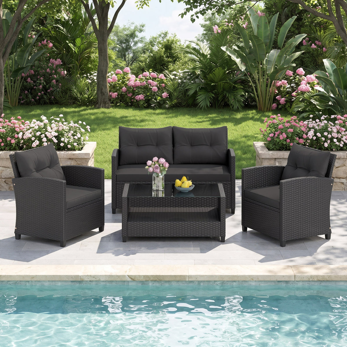 4 Pieces Patio Rattan Conversation Furniture Set with Glass Top Coffee Table-Black