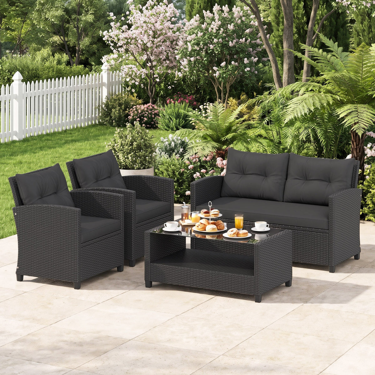4 Pieces Patio Rattan Conversation Furniture Set with Glass Top Coffee Table-Black