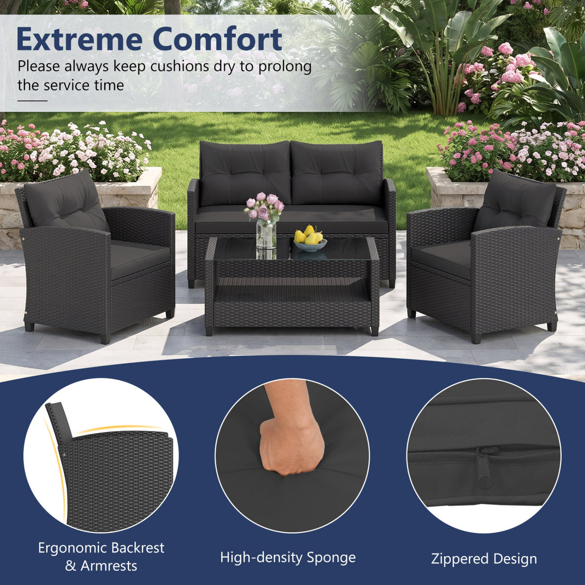 4 Pieces Patio Rattan Conversation Furniture Set with Glass Top Coffee Table-Black
