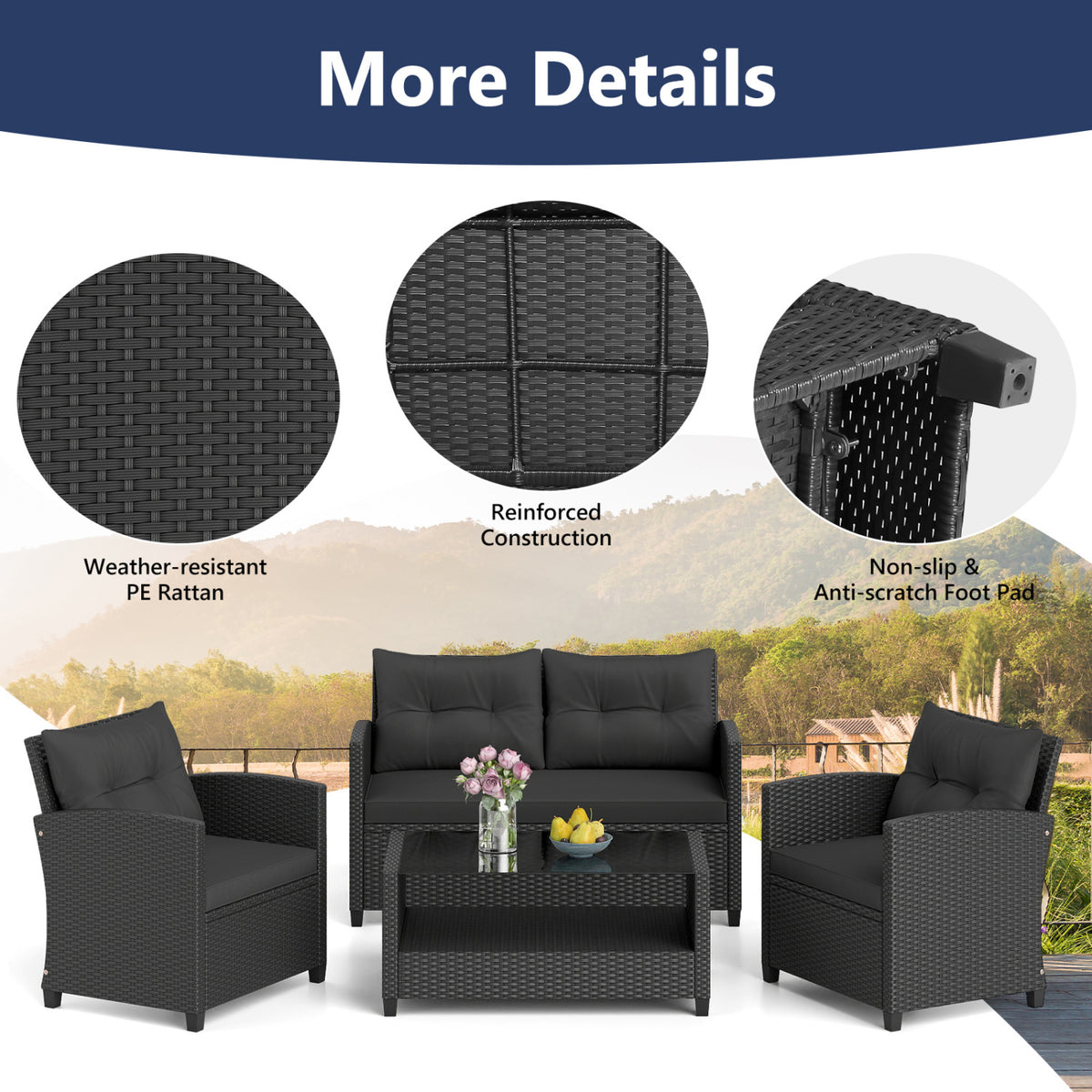 4 Pieces Patio Rattan Conversation Furniture Set with Glass Top Coffee Table-Black