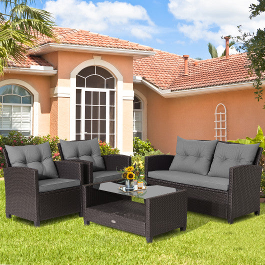 4 Pieces Patio Rattan Conversation Furniture Set with Glass Top Coffee Table-Gray