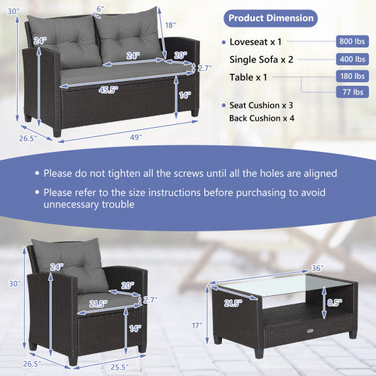 4 Pieces Patio Rattan Conversation Furniture Set with Glass Top Coffee Table-Gray