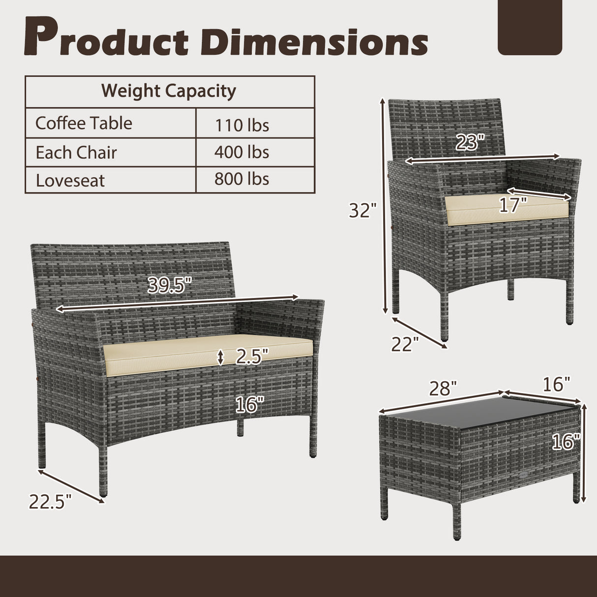 4 Pieces Patio Rattan Conversation Set with Tempered Glass Coffee Table-Beige