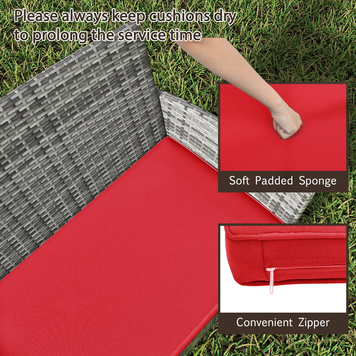 4 Pieces Patio Rattan Conversation Set with Tempered Glass Coffee Table-Red