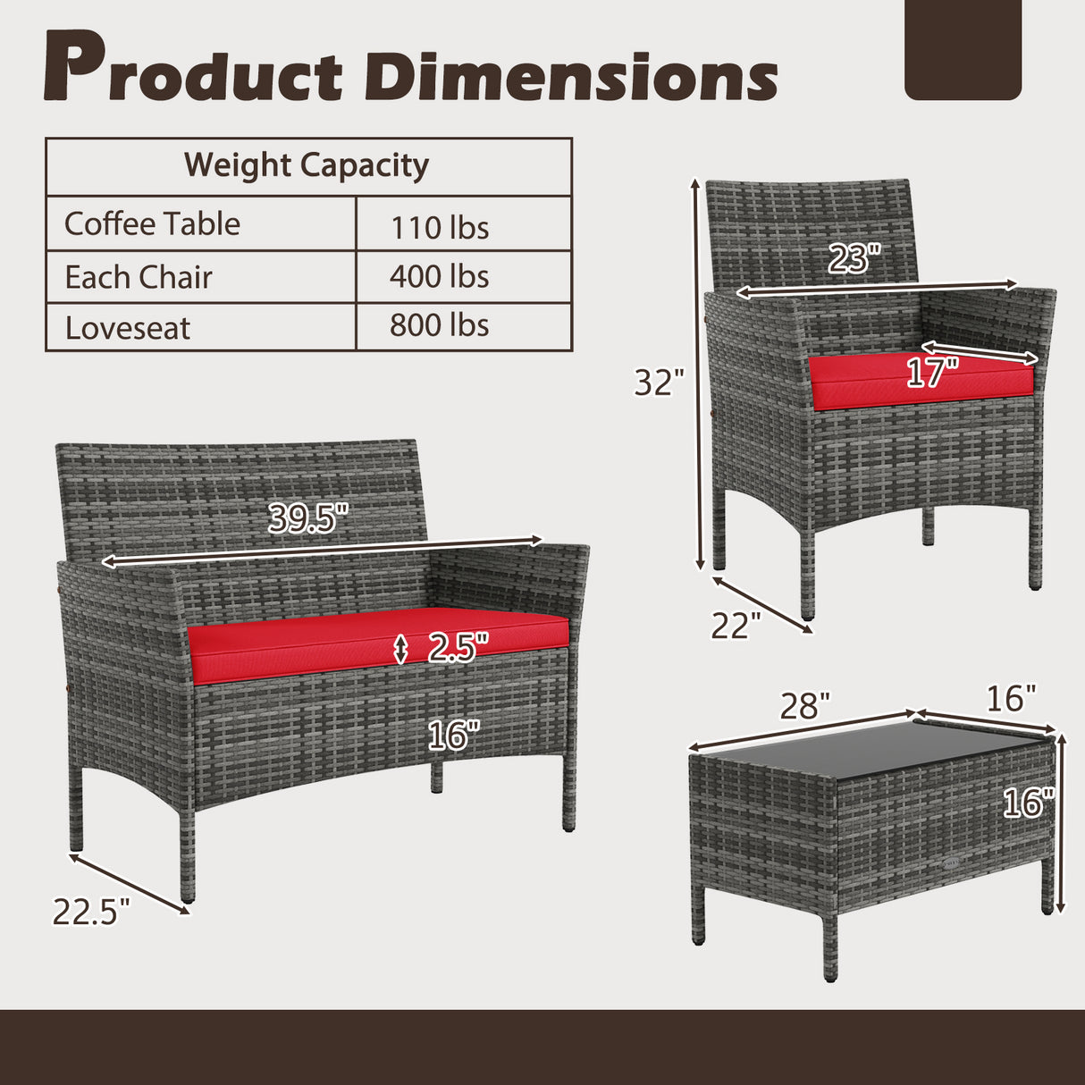 4 Pieces Patio Rattan Conversation Set with Tempered Glass Coffee Table-Red