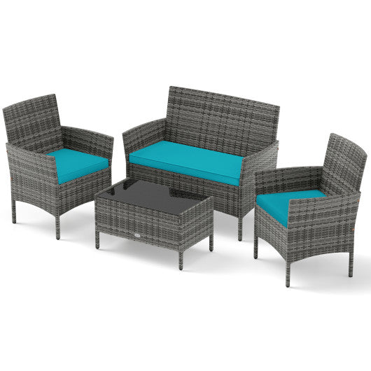 4 Pieces Patio Rattan Conversation Set with Tempered Glass Coffee Table-Turquoise
