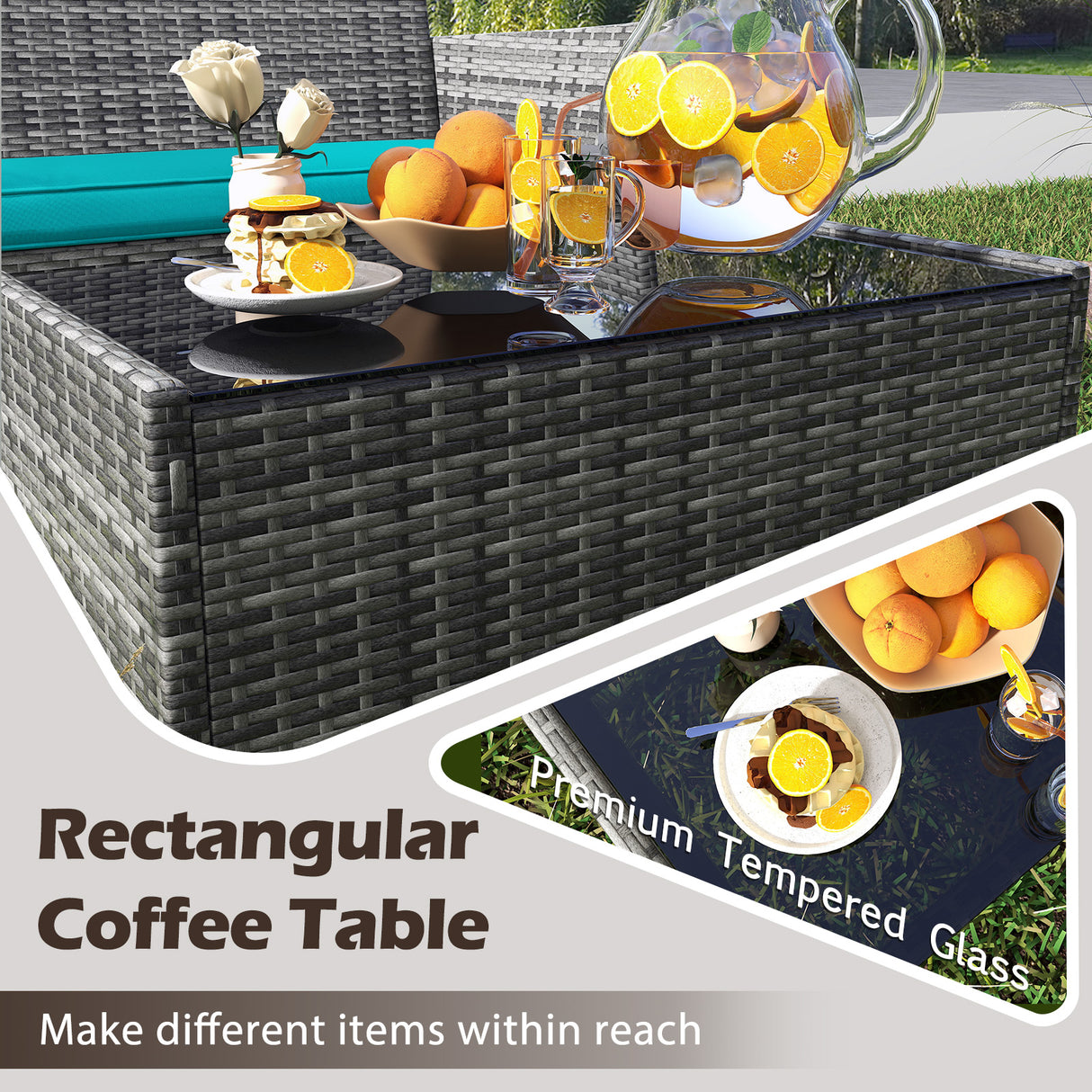 4 Pieces Patio Rattan Conversation Set with Tempered Glass Coffee Table-Turquoise