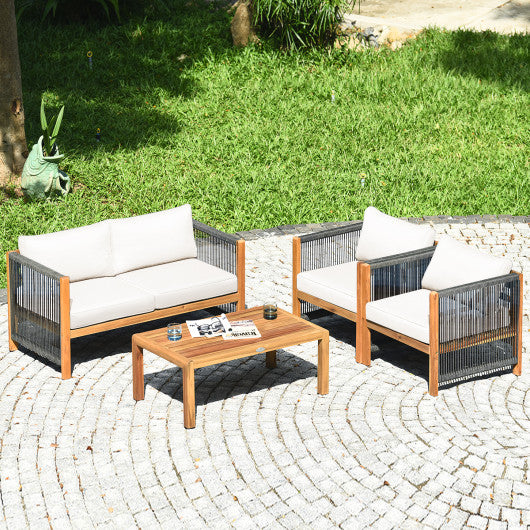 4 Pieces Wood Outdoor Patio Furniture Set with Cushions for Garden-Red