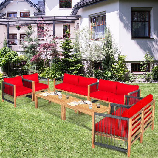 4 Pieces Wood Outdoor Patio Furniture Set with Cushions for Garden-Red