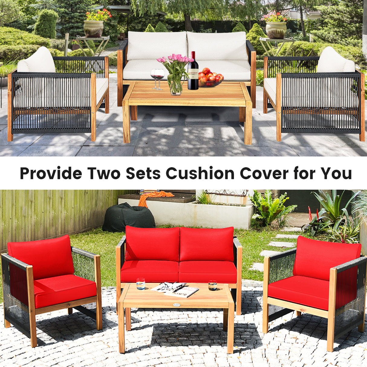 4 Pieces Wood Outdoor Patio Furniture Set with Cushions for Garden-Red