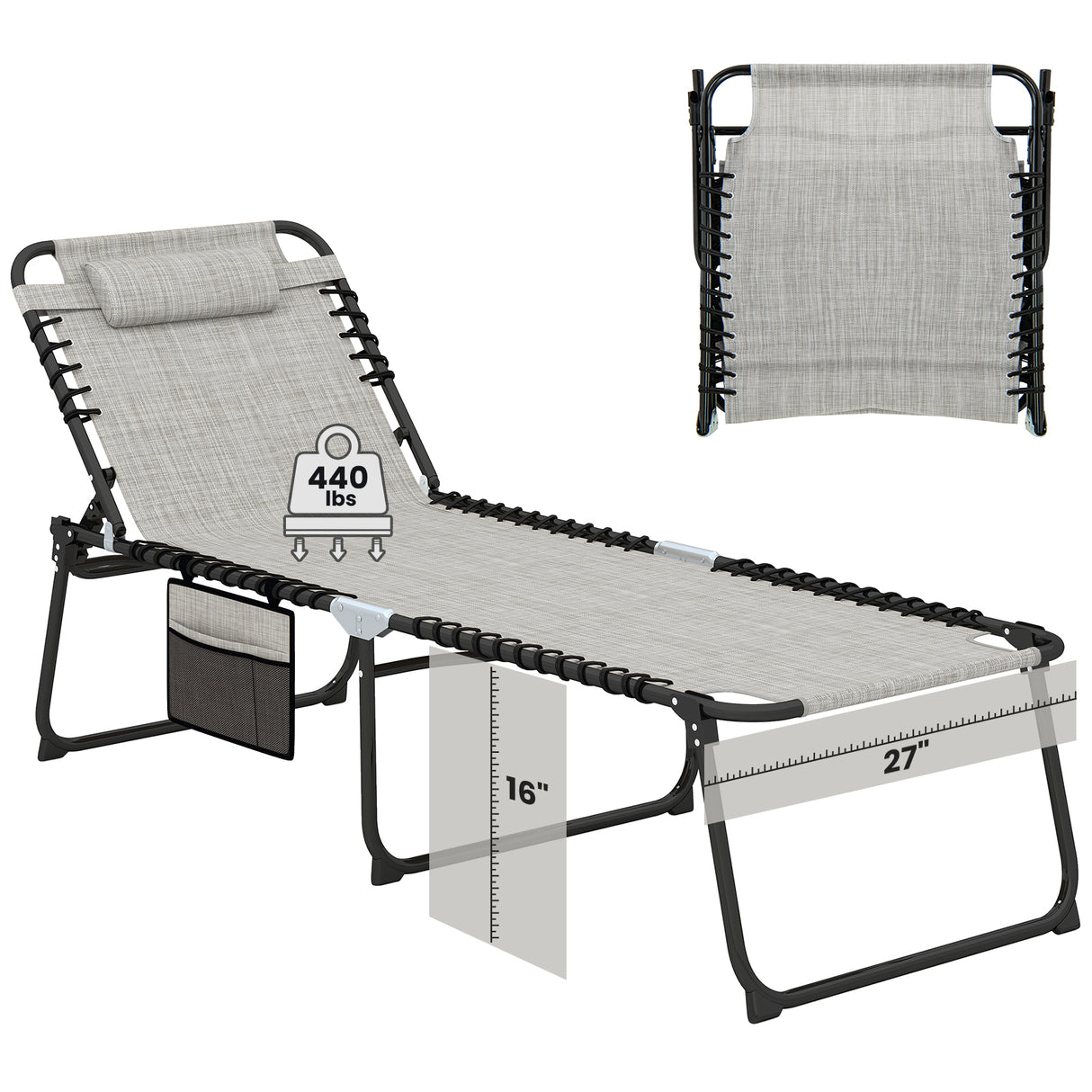 4 Position Folding Lounge Chaise with Adjustable Backrest and Footrest-Gray