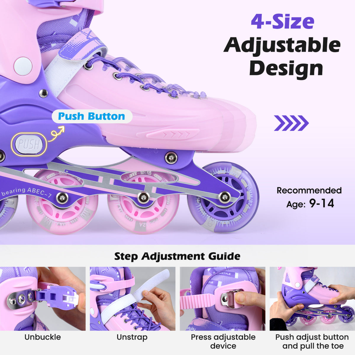 4-Size Adjustable Light-Up Kids Inline Skates for Kids Ages 9-14-Purple