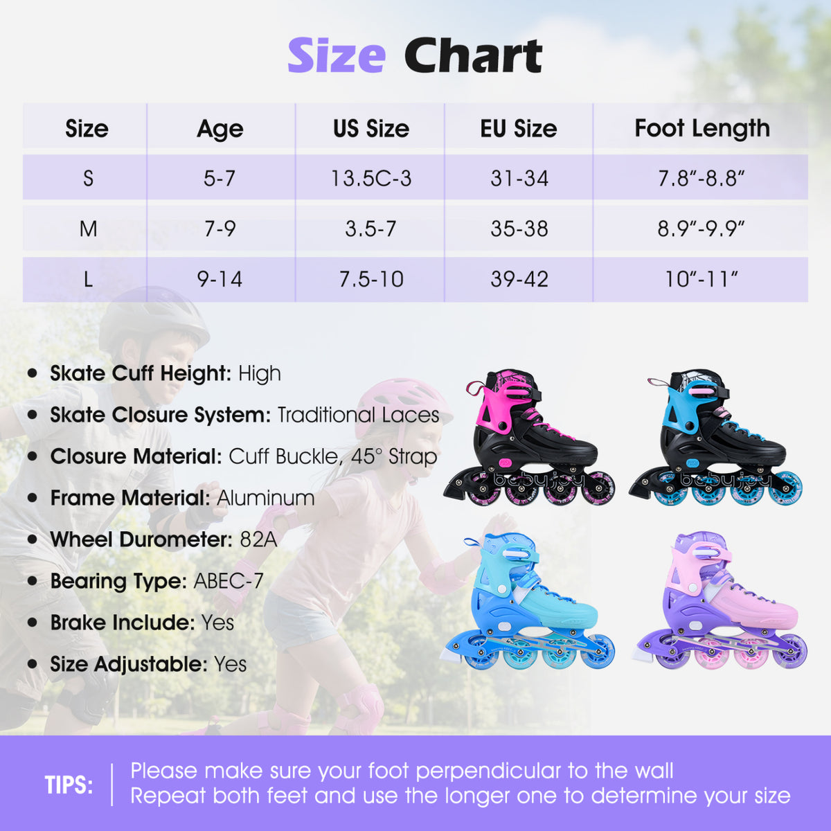 4-Size Adjustable Light-Up Kids Inline Skates for Kids Ages 9-14-Purple