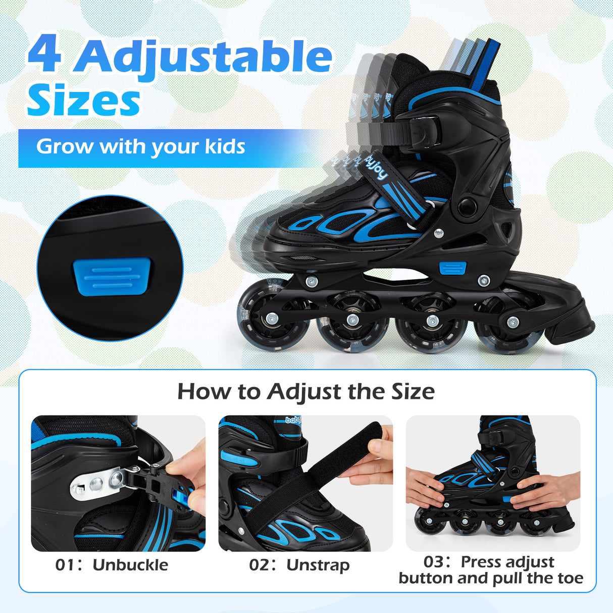 4 Sizes Adjustable Blade Roller with Light-up Wheels for Youth-Blue