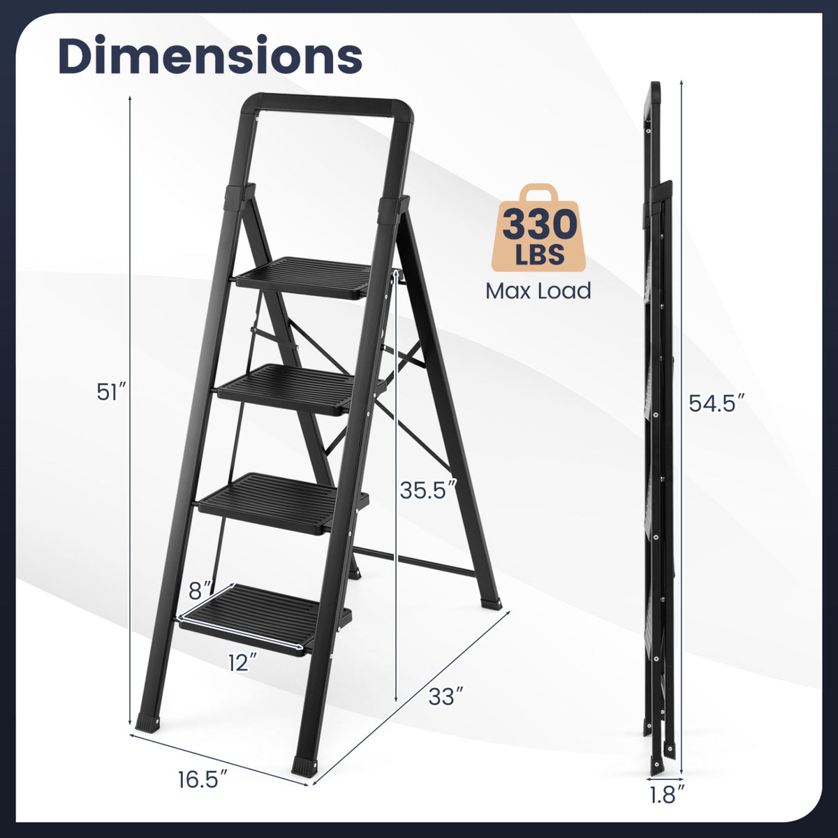 4 Step Black Folding Step Stool with Wide Anti-slip Pedals