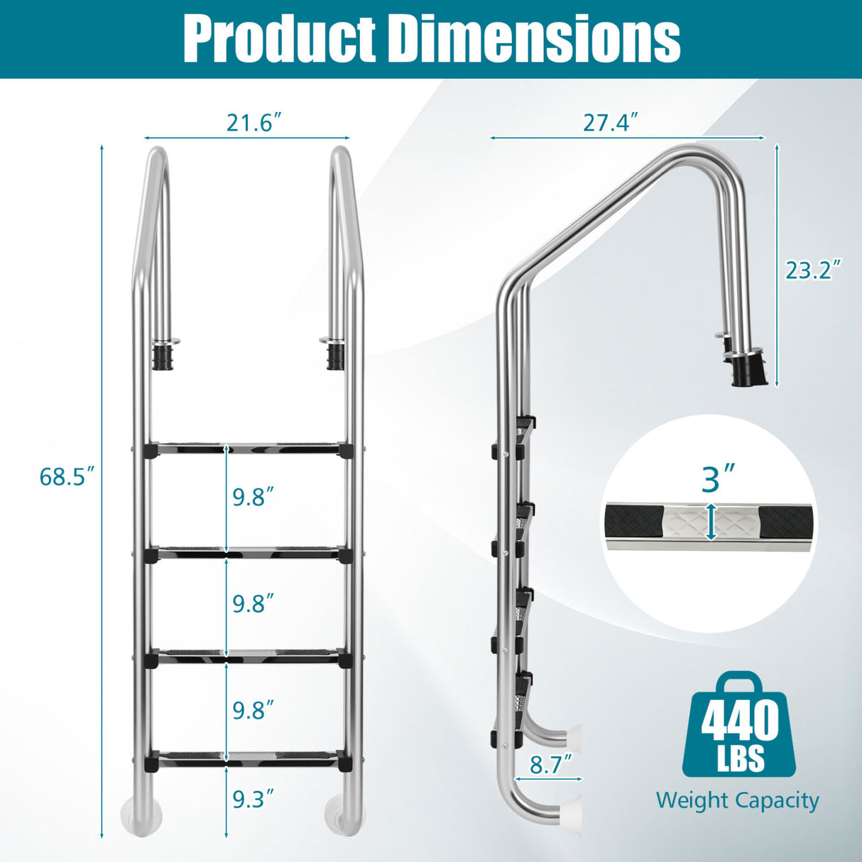 4-Step Inground Pool Ladder Stainless Steel Swimming Pool Ladder