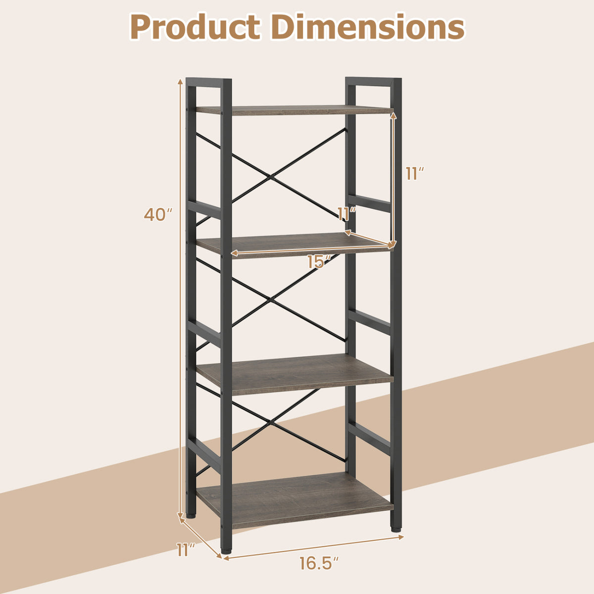 4-Tier Bookshelf Narrow Freestanding Display Shelf with Metal Frame-Oak