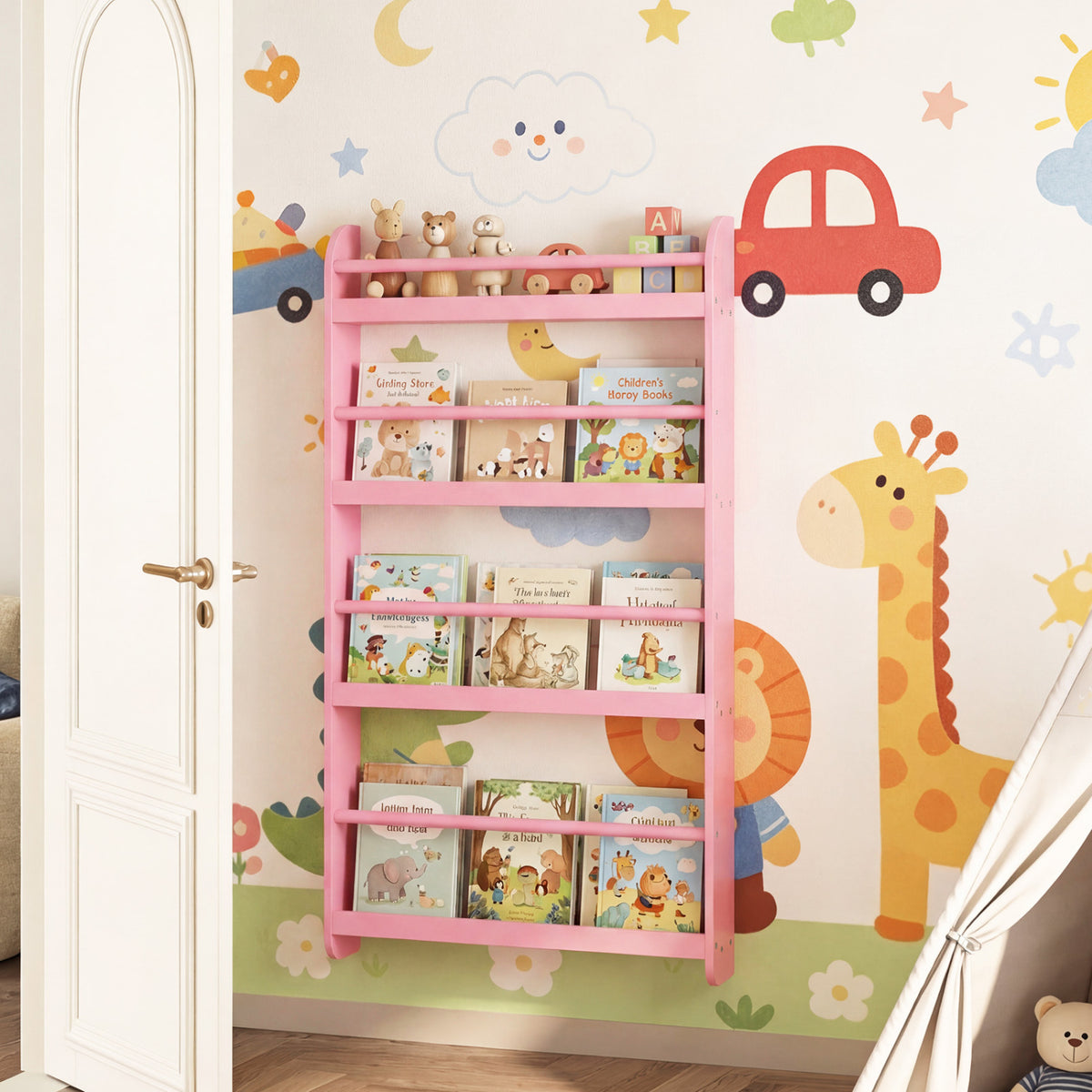 4-Tier Bookshelf Organizer for Toys and Books with Basswood Crossbar-Pink