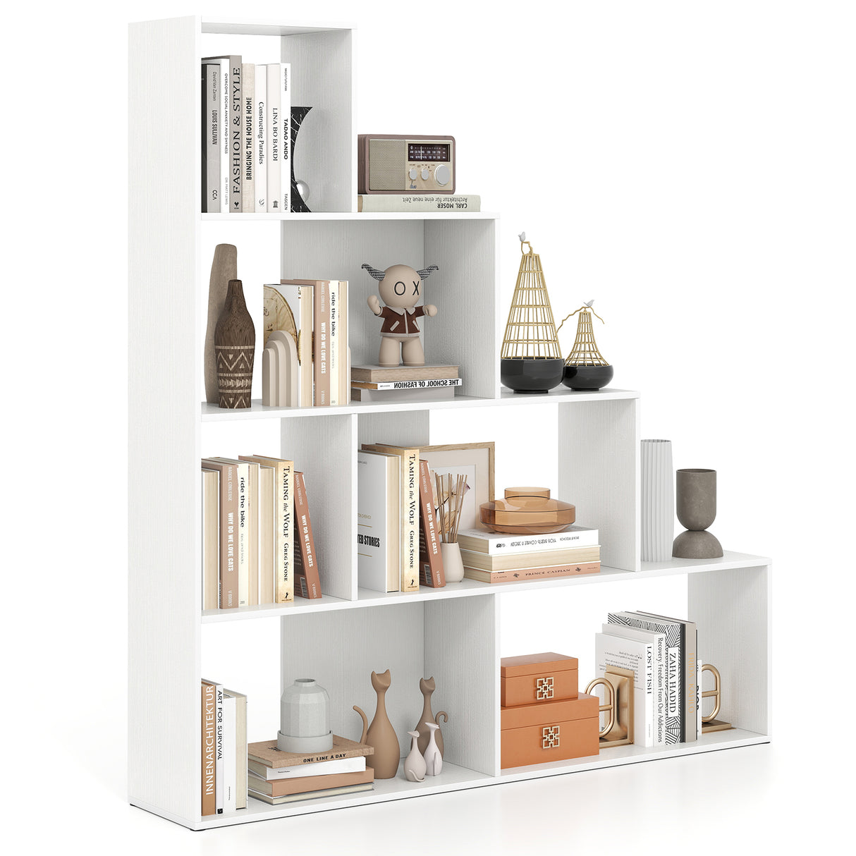 4-Tier Bookshelf Stair Bookcase with 6 Cubes Display Rack-Natural